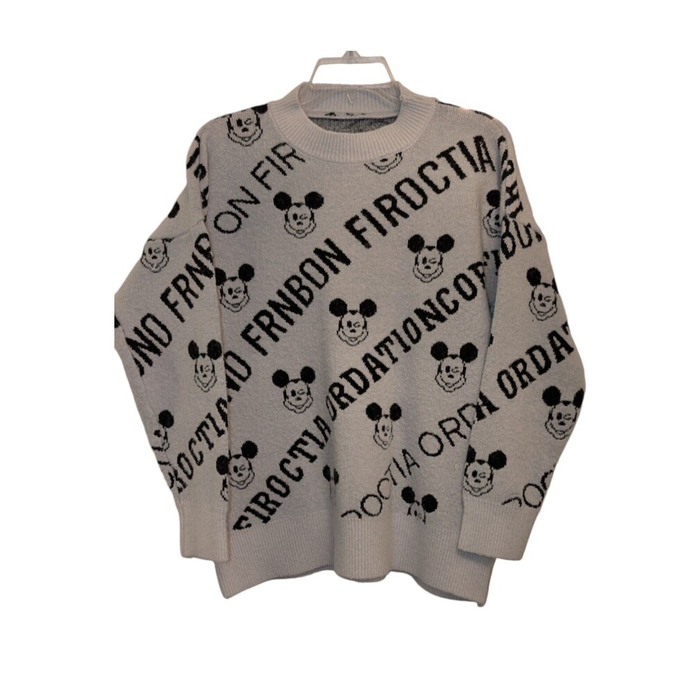 Stylish Gray/White Sweater with Cartoon Mouse Pattern Women's Size Large Unique